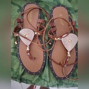 VENUS Elegant Brown Sandals with Sparkling Gold Details. Left Toe Strap Longer